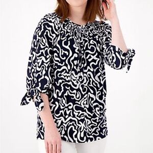 Susan Graver Black and White Liquid Knit Blouse with Abstract Pattern